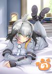  ahoge ankle_boots bedroom blush bodystocking book boots feathers feet_up fingerless_gloves gloves green_eyes head_wings indoors japari_symbol kemono_friends logo long_hair looking_at_viewer lying multicolored_hair necktie on_bed on_stomach shoebill_(kemono_friends) shorts silver_hair solo window yumibakama_meme 