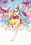  ahoge aqua_eyes aqua_hair arm_up atdan bangs barefoot bird book bow breasts closed_mouth cockatoo feet full_body hatsune_miku highres japanese_clothes long_hair looking_at_viewer medium_breasts parrot red_bow twintails very_long_hair vocaloid watermark 