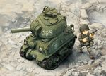  asterisk_kome cannon commentary_request from_above grin ground_vehicle helmet m4_sherman military military_vehicle motor_vehicle shovel smile soldier tank turret weapon world_war_toons 
