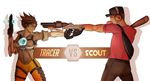  1girl aiming anime-grimmy bandaged_arm bandages baseball_bat bat brown_eyes brown_hair bubble_blowing chewing_gum crossover dual_wielding gun hat headset highres holding lips overwatch sawed-off_shotgun short_hair shotgun team_fortress_2 the_scout tracer_(overwatch) visor vs weapon 