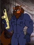  arcanine ashtrek_(artist) assault_rifle bulge caseyljones clothing fn-scar foo_dog gun jumpsuit male muscular nintendo pok&eacute;mon ranged_weapon rifle solo video_games weapon 