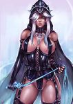  areola_slip areolae ashe_(league_of_legends) asymmetrical_gloves black_gloves black_legwear blue_eyes breasts cape commentary corset cowboy_shot dark_skin dominatrix elbow_gloves fingerless_gloves garter_straps gloves groin hair_over_one_eye hood kachima large_breasts league_of_legends looking_at_viewer parted_lips partially_visible_vulva silver_hair solo spikes thighhighs whip 
