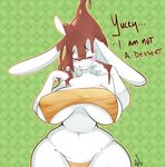  anthro big_breasts blush bra breasts clothing english_text female huge_breasts lagomorph mammal nipple_bulge nite panties rabbit slightly_chubby solo standing text underwear wide_hips 