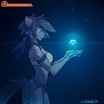  5_fingers anthro blue_theme bracelet breasts brown_hair cat clothed clothing feline female fur hair jewelry magic mammal patreon ponytail solo standing tan_fur zummeng 