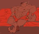  anthro canine clothing fluffy looking_at_viewer mammal multi_nipple muscular nails nipples opferziege pawpads paws simple_background smoking underwear were werewolf 