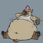  2017 4_toes anthro armpits barefoot belly big_belly biped black_claws black_nose black_pawpads bottomless brown_fur brown_spots brown_tail claws clothed clothing digital_media_(artwork) eyebrows facepalm front_view full-length_portrait fur grey_background grumpy hair hyena hyper hyper_belly male mammal mohawk morbidly_obese multicolored_fur navel nommz obese overweight overweight_male pawpads paws pink_hair portrait raf_(indigorho) raised_shirt reclining shirt short_hair short_tail signature simple_background small_tail solo spots spotted_fur spotted_hyena tan_fur tank_top toe_claws toes two_tone_fur white_clothing white_shirt white_topwear 