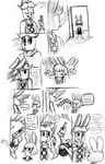  2016 alternate_species anthro black_and_white bonnie_(fnaf) bow_tie buckteeth chest_tuft cigarette clothed clothing comic cub dialogue english_text female five_nights_at_freddy&#039;s five_nights_at_freddy&#039;s_2 furrification group hair hair_over_eye inkyfrog lagomorph male mammal monochrome rabbit simple_background smoking teeth text toy_bonnie_(fnaf) traditional_media_(artwork) tuft video_games white_background young 