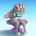  2017 3_toes anthro big_breasts bikini breasts cleavage clothed clothing cute disney eyebrows eyelashes female judy_hopps lagomorph leo-san looking_at_viewer mammal open_mouth purple_eyes rabbit sitting skimpy solo swimsuit table toes zootopia 