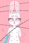  amputee anthro areola breasts bukibun female flat_chested fur lagomorph looking_at_viewer mammal multi_nipple navel nipples rabbit simple_background solo tears teats teeth young 