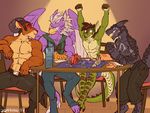  2017 anthro armpits avian caprine clothed clothing dragon dungeons_&amp;_dragons feathered_wings feathers goat group gryphon horn male mammal muscular open_mouth scalie sitting smile table teeth tongue topless wings zummeng 