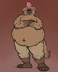  2017 4_toes anthro barefoot belly big_belly biped black_claws black_nose brown_background brown_fur brown_spots brown_tail claws clothed clothing crossed_arms digital_media_(artwork) ears_down eyebrows front_view full-length_portrait fur grumpy hair hi_res hyena looking_at_viewer male mammal mohawk multicolored_fur multicolored_tail navel nommz overweight overweight_male pink_eyes pink_hair plantigrade portrait raf_(indigorho) short_hair signature simple_background solo spots spotted_fur spotted_hyena standing tan_bottomwear tan_clothing tan_fur tan_shorts tan_tail toe_claws toes topless two_tone_fur two_tone_tail 