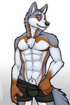  2017 abs animal_genitalia anthro athletic biped boxerbriefs brown_eyes brown_fur canine clothing flaccid fur grey_fur looking_at_viewer male mammal navel penis penis_tip sheath simple_background smile solo standarddeviant standing tsaiwolf underwear undressing white_background white_fur wolf 