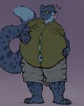  2017 4_toes 5_fingers anthro barefoot belly big_belly biped black_claws black_nose blue_fur blue_spots blue_tail cheetah claws clothed clothing digital_media_(artwork) eyewear feline front_view full-length_portrait fully_clothed fur glasses green_clothing green_shirt green_topwear grey_bottomwear grey_clothing grey_shorts hand_on_stomach hi_res indigo_(indigorho) looking_away male mammal musical_note navel nommz obese overweight overweight_male pink_tongue plantigrade portrait purple_background shirt signature simple_background solo spots spotted_fur spotted_tail standing toe_claws toes tongue tongue_out yellow_eyes 