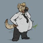  2017 abdominal_bulge anthro belly belly_expansion big_belly biped black_bottomwear black_clothing black_footwear black_nose black_pants black_shoes brown_fur brown_hair brown_tail cellphone clothed clothing digital_media_(artwork) dress_shirt eyebrows footwear front_view full-length_portrait fully_clothed fur grey_background hair hand_on_hip holding_object holding_phone hyena inflation male mammal michael_(indigorho) mohawk multicolored_fur multicolored_hair multicolored_tail necktie nommz onomatopoeia open_mouth pants phone portrait post_vore shirt shoes short_hair signature simple_background solo sound_effects spotted_hyena standing tan_fur tan_hair tan_tail two_tone_fur two_tone_hair two_tone_tail vore white_clothing white_shirt white_topwear yellow_eyes 