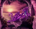  5_fingers anthro claws clothed clothing detailed_background digitigrade dragon female hair horn lying membranous_wings purple_eyes purple_hair purple_skin selianth solo sun wings 
