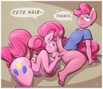  2017 anthro anthrofied areola ball_fondling balls big_breasts blue_eyes border bottomless breasts clothed clothing crossgender cutie_mark dialogue duo earth_pony english_text equine feet female fondling friendship_is_magic hair hi_res horse humanoid_penis kissing male male/female mammal my_little_pony nipples penis pink_hair pinkie_pie_(mlp) pony sanders selfcest simple_background spread_legs spreading square_crossover text white_border 