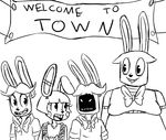  2016 animatronic anthro black_and_white bonnie_(fnaf) bow_tie buckteeth english_text five_nights_at_freddy&#039;s five_nights_at_freddy&#039;s_2 group inkyfrog lagomorph machine male mammal monochrome open_mouth open_smile rabbit robot sign simple_background slightly_chubby smile teeth text toy_bonnie_(fnaf) video_games white_background withered_bonnie_(fnaf) 