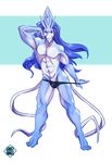  2017 anthro anthrofied blue_hair blue_skin bulge clothed clothing crest english_text hair legendary_pok&eacute;mon long_hair looking_at_viewer male nintendo penis pok&eacute;mon pok&eacute;morph smile solo suicune text topless twistedteeth underwear undressing video_games white_skin 