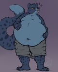  2017 4_toes 5_fingers anthro barefoot belly big_belly biped black_claws black_nose blue_fur blue_spots blue_tail cheetah claws clothed clothing digital_media_(artwork) eyewear feline front_view full-length_portrait fur glasses grey_bottomwear grey_clothing grey_shorts hand_on_stomach hi_res indigo_(indigorho) looking_away male mammal musical_note navel nommz obese overweight overweight_male pink_tongue plantigrade portrait purple_background signature simple_background solo spots spotted_fur spotted_tail standing toe_claws toes tongue tongue_out topless yellow_eyes 