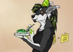  anthro black_hair cake canine english_text female food fuckie hair mammal simple_background smile solo standing text wolf 
