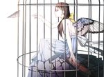  1girl arm_support bare_shoulders bird_cage bow brown_eyes brown_hair butterfly_wings choker dress fumio_(kanmi) hair_between_eyes long_dress long_hair original outstretched_arm paper paper_airplane ribbons simple_background sitting smile solo twintails white white_background wings 