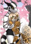  2015 5_fingers anthro blonde_hair clothed clothing day detailed_background dragon feline female green_eyes hair kyotokisha15 leopard looking_at_viewer male mammal off_shoulder outside pink_nose smile topless tree yellow_eyes 