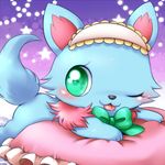  blue_fur blush bow canine chihuahua dog eyelashes female feral frilly fur green_eyes jewelpet mammal milky_(jewelpet) one_eye_closed pillow pink_fur sanrio simple_background solo tongue tongue_out wink アイミ 