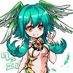  :d aqua_hair bangs bare_arms bare_shoulders blush breasts crystal eyebrows_visible_through_hair feathered_wings flipped_hair fur_collar gem green_wings grin hair_between_eyes hair_intakes hand_up head_wings leaf looking_away medium_breasts midriff navel open_mouth orange_eyes pikomarie puzzle_&amp;_dragons ruby_(stone) ruel_(p&amp;d) shiny shiny_hair short_hair_with_long_locks simple_background smile solo stomach teeth underboob upper_body v white_background wings 
