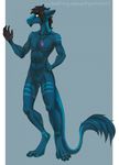  4_toes anthro armpits black_hair blue_fur digitigrade dragon ear_piercing featureless_crotch fur hair jewelry kyotokisha15 male navel necklace piercing simple_background solo standing toes 