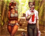  5_fingers anthro black_nose bra brown_fur brown_hair canine clothed clothing day detailed_background duo female fur green_eyes hair kyotokisha15 male mammal midriff navel outside sports_bra standing underwear 