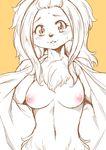  2017 anthro big_eyes blush breasts canine chest_tuft exposed_breasts female hair kemono long_hair looking_at_viewer mammal navel nipples nme partially_colored pink_nipples simple_background solo sweat tuft yellow_background 