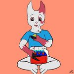  anthro chest_tuft clothed clothing diaper fur gloves_(marking) male mammal markings multicolored_fur navel open_mouth pink_nose red_fur simple_background sitting smile solo toy tuft white_fur young 