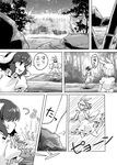  bunny bunny_ears bunny_tail comic greyscale highres inaba_tewi jumping mana_(tsurubeji) monochrome speech_bubble tail touhou translated water waterfall youkai 