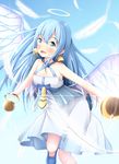  :d angel bad_arm bad_leg bell bell_earrings bellringer_angel blue_eyes blue_footwear blue_hair blue_sky blush day dress earrings feathers glint handbell highres jewelry long_hair looking_at_viewer mochiyuki open_mouth outdoors shadowverse shoes sky smile solo standing standing_on_one_leg white_dress white_feathers wings 