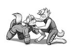  azure_doodle_(oc) clothing duo equine eyewear fan_character glasses happy hi_res horn krd male mammal monochrome my_little_pony petplay roleplay rubber scratching scroll_scribe_(oc) skinsuit tight_clothing unicorn 