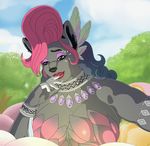 2017 alternate_species animated anthro armpits ashwolves5 big_breasts black_hair bracelet breasts breath_of_the_wild canine cleavage clothed clothing collar fairy female fingerless_(marking) fur furrification great_fairy green_eyes grey_fur hair half-closed_eyes jewelry low_res mammal nintendo outside pink_hair solo the_legend_of_zelda video_games wolf 