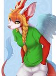  anthro antlers blue_eyes blue_feathers blue_nose braided_hair canine cervine clothed clothing deer dragon equine feathered_wings feathers female fur green_eyes hair heterochromia horn hybrid inner_ear_fluff kyotokisha15 mammal pegasus red_fur simple_background solo wings wolf 