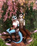  4_toes anthro barefoot black_hair breasts canine clothed clothing detailed_background digitigrade dragon female green_eyes group hair horn kyotokisha15 male mammal sitting smile toes wolf young 