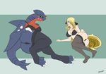  2017 anthro anthrofied big_breasts big_butt bikini black_sclera blonde_hair blush bra breasts butt claws clothed clothing cynthia_(pok&eacute;mon) dragon duo english_text female fullmetalmentalist garchomp gills green_background hair hi_res human legwear long_hair looking_at_viewer lying mammal nintendo on_side pok&eacute;mon pok&eacute;morph purple_scales red_scales scales scalie sharp_teeth signature simple_background skimpy spikes swimsuit teeth text toe_claws underwear video_games yellow_eyes 