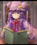  bangs blue_eyes blue_ribbon blunt_bangs book book_focus bookshelf bow bowtie capelet closed_mouth crescent frown hat hat_ribbon highres letterboxed library long_hair mob_cap nail_polish netamaru open_book patchouli_knowledge purple_hair purple_nails reading red_bow red_neckwear red_ribbon ribbon sidelocks sitting solo table touhou upper_body voile 