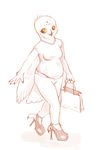  4_fingers anthro avian beak belt biped bird breasts cheek_tuft claws clothed clothing digital_media_(artwork) feather_tuft feathered_wings feathers female footwear front_view full-length_portrait happy head_tuft high_heels holding_obect humanoid_hands looking_away non-mammal_breasts nyar owl pants portrait pregnant red_theme restricted_palette shirt shoes shopping_bag simple_background sketch smile snowy_owl solo spots spotted_feathers t-shirt talons toe_claws toes tuft walking white_background winged_arms wings wrist_tuft yellow_eyes 