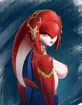  2017 absurd_res anthro areola big_breasts blue_background breasts breath_of_the_wild clothed clothing female fin fullmetalmentalist hi_res humanoid jewelry marine mipha nintendo nipples partially_clothed pink_nipples red_skin side_boob simple_background solo teeth the_legend_of_zelda video_games yellow_eyes yellow_membrane zora 