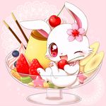  blueberry_(fruit) blush bowl cherry cherry_blossom eyelashes female feral food frosting fruit fur gem hare jewelpet jewelry lagomorph mammal necklace one_eye_closed open_mouth pawpads pink_background plant pocky red_eyes ruby_(jewelpet) sanrio simple_background solo star strawberry white_fur wink アイミ 