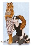  4_toes 5_fingers anthro barefoot blonde_hair clothed clothing dragon duo feline female green_eyes hair horn kneeling kyotokisha15 leopard male mammal simple_background smile toes tongue 
