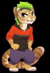  2016 4_fingers 4_toes anthro barefoot black_background brown_eyes clothed clothing digitigrade feline green_hair hair kyotokisha15 looking_at_viewer male mammal pink_nose simple_background teeth tiger toes tongue 