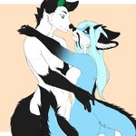  5_fingers anthro black_fur black_hair blue_eyes blue_fur blue_hair breasts canine dragon duo featureless_breasts featureless_crotch female fox fur green_eyes hair hybrid kyotokisha15 male mammal nude simple_background smile standing white_fur wide_hips 