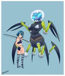  2017 absurd_res anthro anthrofied arachnid araquanid arthropod big_breasts blue_background blue_eyes blue_hair blush border breasts butt claws clothed clothing duo english_text female fin fishing_pole fullmetalmentalist hair hand_on_hip hi_res huge_breasts human lana_(pokemon) larger_female legwear looking_at_viewer mammal nintendo pok&eacute;mon pok&eacute;morph signature simple_background size_difference smaller_female smile spider stockings text underwear video_games white_border 