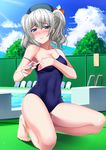  alternate_costume blue_eyes blue_sky blush breasts cleavage cloud competition_school_swimsuit day fence kantai_collection kashima_(kantai_collection) kickboard kneeling lane_line large_breasts one-piece_swimsuit outdoors pool pool_ladder poolside school_swimsuit shibata_rai sidelocks silver_hair sky solo strap_slip swimsuit thighs tree tsurime twintails wavy_hair 
