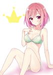  :o absurdres bra breasts green_bra green_panties highres koharu_yoshino looking_at_viewer medium_breasts nanakusa_amane panties pink_eyes pink_hair sakura_quest short_hair sitting solo underwear underwear_only white_background 