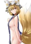  1girl bangs bare_arms bare_shoulders blonde_hair blush bottomless breasts commentary_request cowboy_shot eyebrows_visible_through_hair fox_tail from_side groin hair_between_eyes hand_up hat large_breasts looking_at_viewer multiple_tails naked_tabard navel parted_lips pillow_hat shiny shiny_skin short_hair sideboob simple_background solo standing stomach tabard tail thighs touhou white_background white_hat y2 yakumo_ran yellow_eyes 